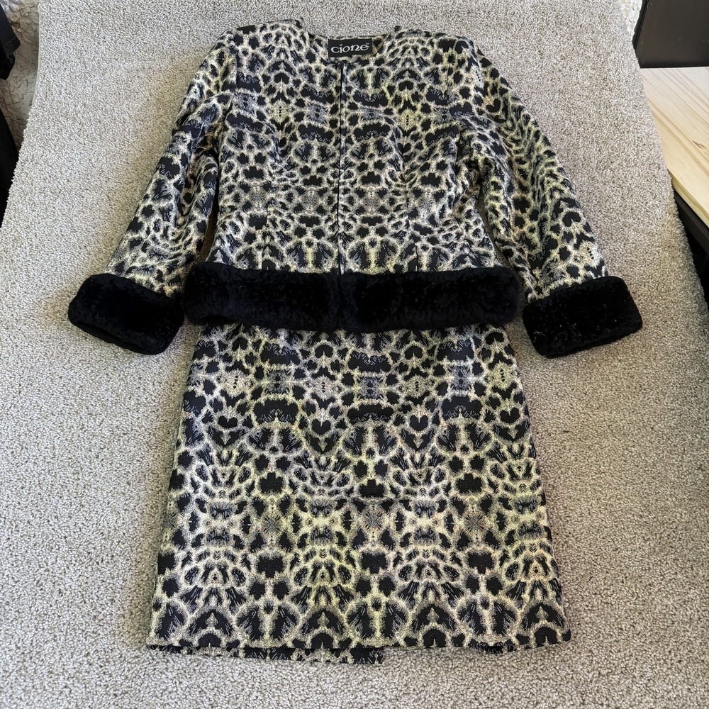 Vintage Cione Skirt Suit Set Womens 8 Gold Leopard Jacquard Faux Fur Trim Lined